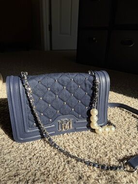 Badgley Mischka Navy Quilted Chain Crossbody with Pearl Charm